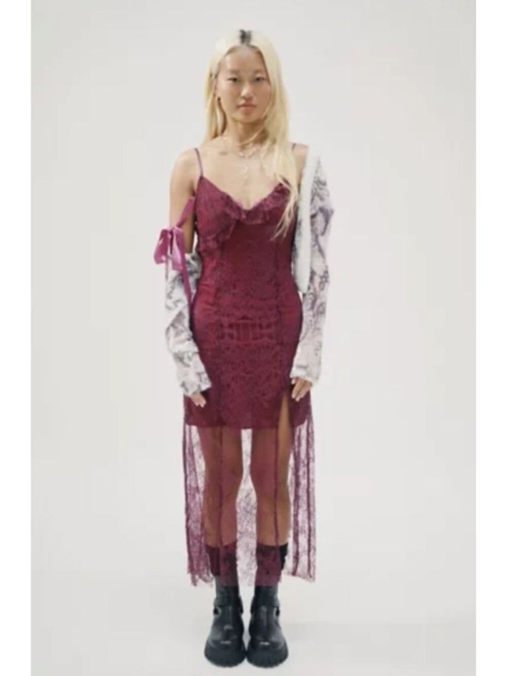 Urban Outfitters UO Real Love Lace Midi Slip Dress In Plum Maroon Medium